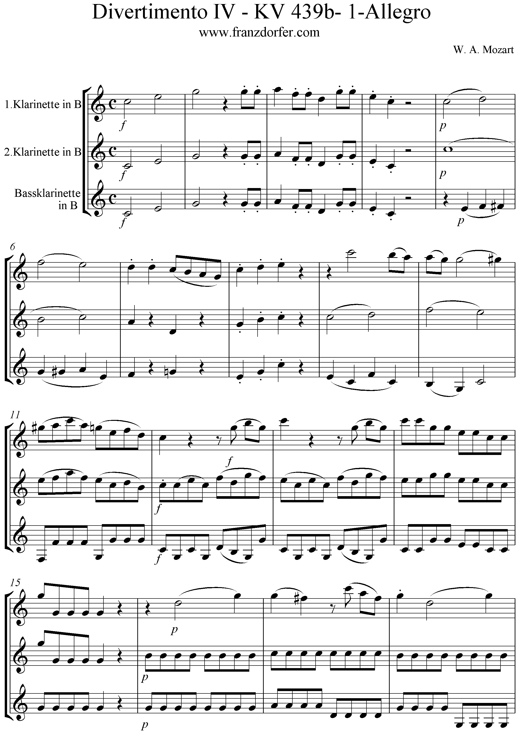 Noten- Divertimento IV- KV 439b- Allegro. Klarinettentrio